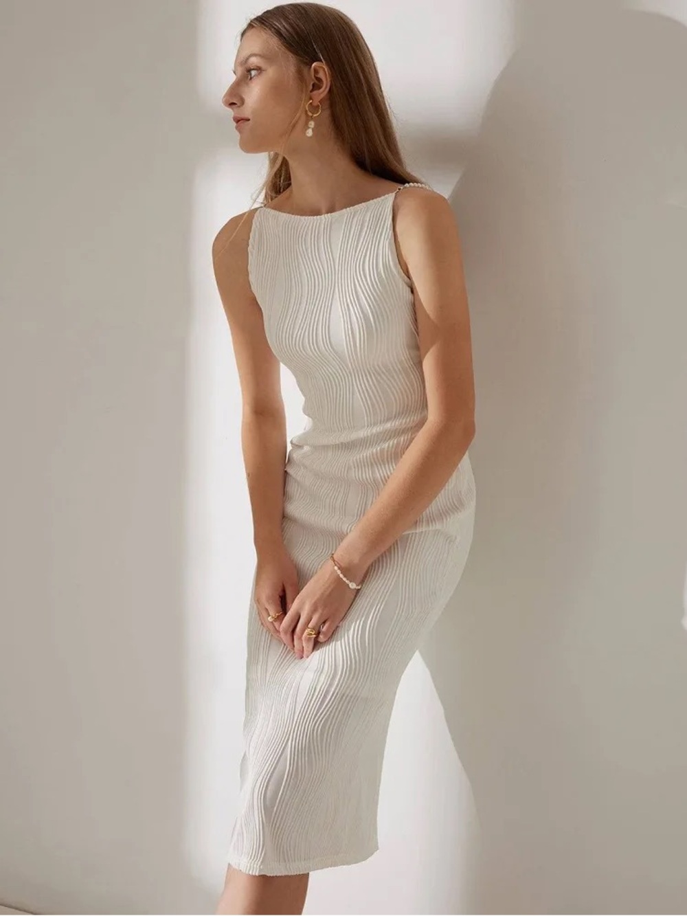 RIHOAS pearl color Sleeveless Textured Maxi Dress